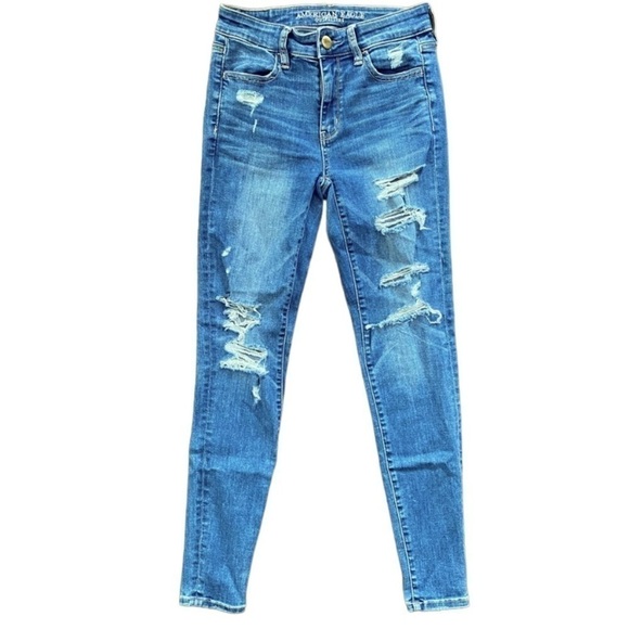 AMERICAN Eagle High Rise ripped Jeggings blue size 2 🌸 - Picture 1 of 11